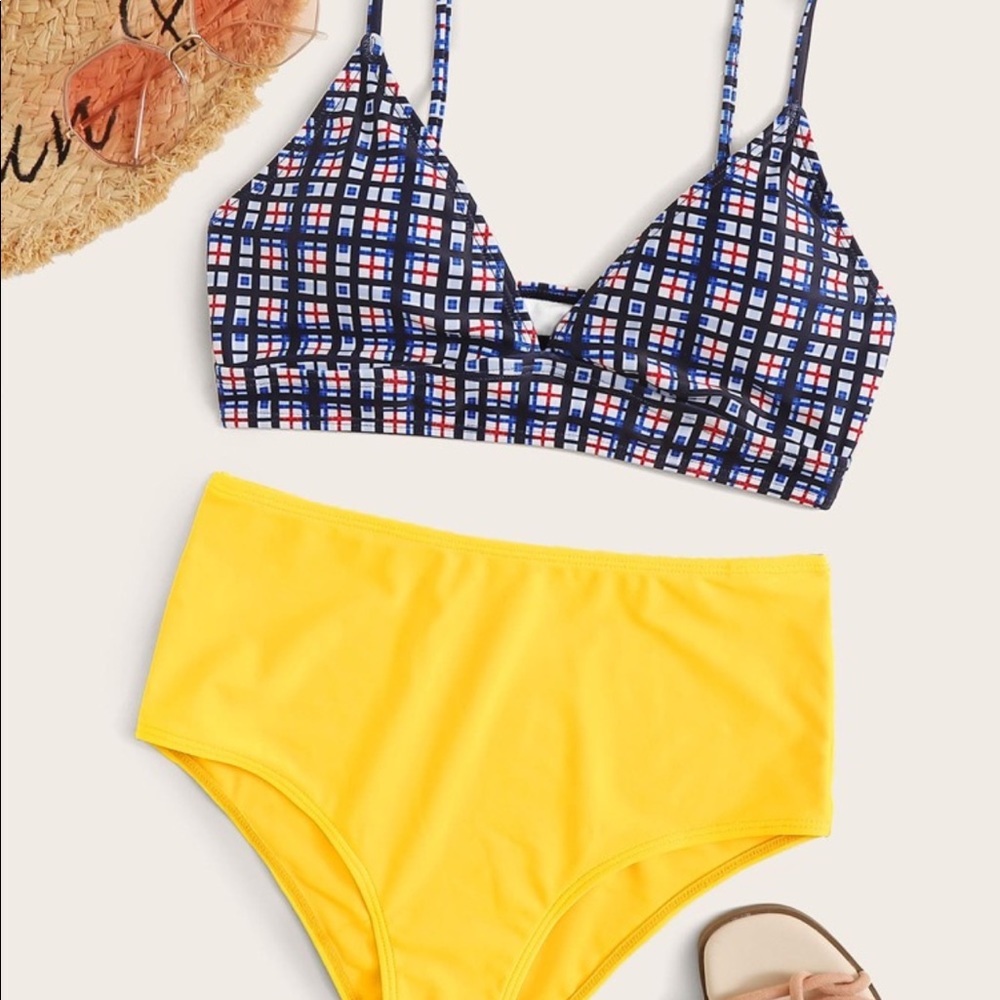 Plaid Top With High Waist Bikini Set